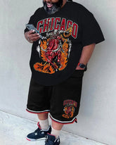 Big & Tall Men's Black Flame Letter Print Round Neck Short Sleeve T-Shirt Shorts Set