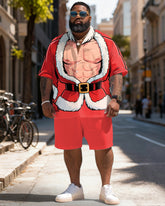 Big & Tall Men's Santa Claus Muscle Cosplay Printed Short Sleeve Shirt Shorts Set