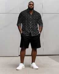 Big & Tall Men's Business Black Geometric Print Long Sleeve Shirt Shorts Set