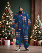 Big & Tall Men's Santa Claus Letter Blue Print Long Sleeve T-Shirt Pants Set