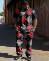 Big & Tall Men's Black And Red Classic Diamond Print T-Shirt Pants Set
