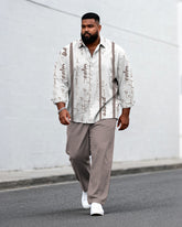 Big & Tall Men's Business Graffiti Alphabet Striped Print Long Sleeve Shirt Pants Set