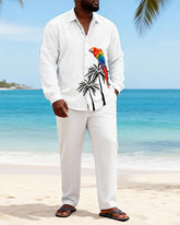 Big & Tall Men's White Bottom Coconut Parrot Print Long Sleeve Shirt Pants Set
