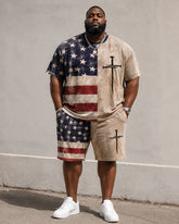 Big & Tall Men's Distressed American Flag Half-split Cross Printed Crew Neck Short Sleeve T-shirt Shorts Set