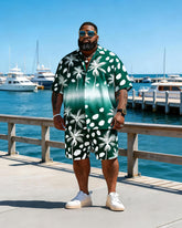 Big & Tall Men's Blue And White Splash Ink Coconut Printed Short Sleeve Shirt Shorts Set