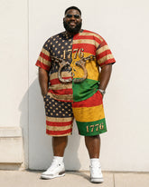 Big & Tall Men's 1776 Broken Handcuffs Reggae Color Matching US Flag Printed Crewneck Short Sleeve T-Shirt Shorts Set