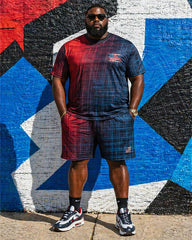 Big & Tall Men's Red And Blue Gradient Plaid Flag Printed Crewneck Short Sleeve T-Shirt Shorts Set