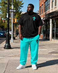 Big & Tall Men's Black And Blue Contrast Cross Printed T-Shirt Pants Set