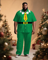 Big & Tall Men's Christmas Elf Tie Cosplay Printed Short Sleeve Shirt Trousers Suit