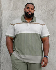 Big & Tall Men's Light Green Patchwork Texture Printed Polo Short Sleeve Pants Set