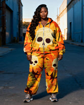 Women's Plus Size Halloween Orange Skull Floral Print Cardigan Hoodie Set