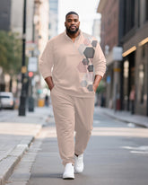 Big & Tall Men's Pink Geometric Print POLO Collar Zipper Long Sleeve Pants Two-Piece Set