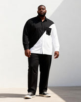 Big & Tall Men's Black And White Oblique Stitching Printed Long Sleeve Shirt Trousers Suit