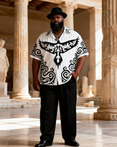 Big & Tall Men's Black And White Phoenix Totem Print Short Sleeve Shirt Pants Set