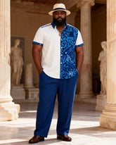 Big & Tall Men's Blue Flower Contrast Printed Short Sleeve Shirt Pants Set
