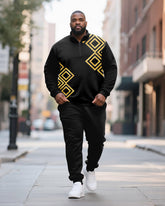Big & Tall Men's Black Contrast Geometric Printed POLO Collar Zipper Long Sleeve Pants Two-piece Set