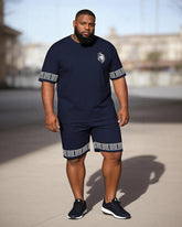 Big & Tall Men's Tibetan Lion Head Greek Print Crew Neck Short Sleeve T-shirt Shorts Set