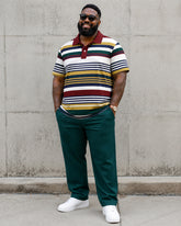 Big & Tall Men’s Retro Multicolor Horizontal Stripe Printed Polo Short-Sleeve Pants Set