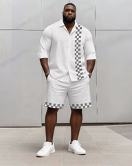 Big & Tall Men's Business Plaid Striped Print Long Sleeve Shirt Shorts Set