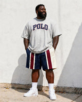 Big & Tall Men's Retro Striped POLO Letter Printed Round Neck Short Sleeve T-shirt Shorts Set