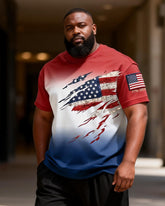 Big & Tall Men's Red, White And Blue Gradual Tear American Flag Printed Round Neck Short Sleeve T-Shirt