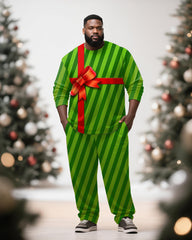 Big & Tall Men's Christmas Gift Green Stripe Printed Long Sleeve T-Shirt Pants Set
