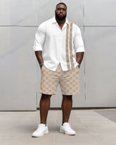 Big & Tall Men's Business Khaki Geometric Stripe Print Long Sleeve Shirt Shorts Set