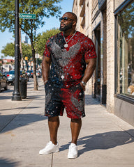 Big & Tall Men’s Red And Black Gradient American Flag Eagle Print Crew Neck Short-Sleeve T-Shirt And Shorts Set