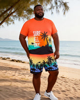 Big & Tall Men's Rainbow Coconut Tree Dinosaur Fun Printed Round Neck Short Sleeve T-Shirt Shorts Set