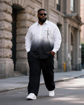 Big & Tall Men's White Gray Gradient Cross Print Long Sleeve Shirt Trousers Set