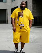 Big & Tall Men's Picasso Style Abstract Face Print Round Neck Short Sleeve T-Shirt Shorts Set