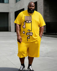 Big & Tall Men's Picasso Style Abstract Face Print Round Neck Short Sleeve T-Shirt Shorts Set