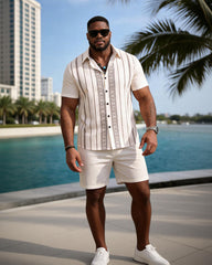 Big & Tall Men's Brown Geometric Stripe Print Short Sleeve Shirt Shorts Set