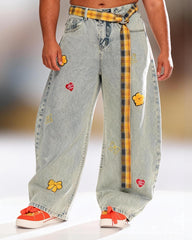 Big & Tall Men's Cartoon Embroidered Loose Jeans With Plaid Belt S-3XL