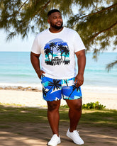 Big & Tall Men's Blue And White Coconut Print Round Neck Short Sleeve T-Shirt Shorts Set
