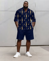 Big & Tall Men's Business Blue Geometric Print Long Sleeve Shirt Shorts Set