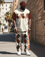 Big & Tall Men's Brown Retro Rhomboid Printed T-Shirt Pants Set