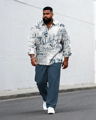 Big & Tall Men's Business Graffiti Letter Print Long Sleeve Shirt Pants Set