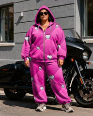 Women's Plus Size Rose Red Diamond Print Cardigan Hoodie Set