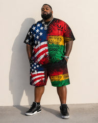 Big & Tall Men's Reggae Color African Totem American Flag Print Round Neck Short Sleeve T-Shirt Shorts Set