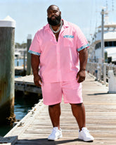 Big & Tall Men's Pure Powder Blue Plaid Patchwork Printed Short Sleeve Shirt And Shorts Set