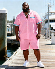 Big & Tall Men's Pure Powder Blue Plaid Patchwork Printed Short Sleeve Shirt And Shorts Set