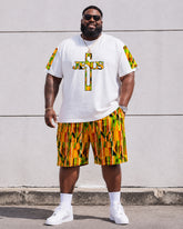 Big & Tall Men's Ethnic Pattern Stitching JESUS Cross Letter Printed Round Neck Short Sleeve T-Shirt Shorts Set