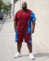 Big & Tall Men's Burgundy Blue Camouflage Stitching Flag Print Crew Neck Short Sleeve T-shirt Shorts Set