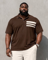 Big & Tall Men's Brown Side Stripe Print Polo Short Sleeve Pants Set
