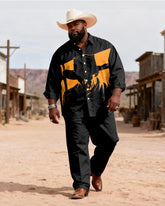 Big & Tall Men's Black And Yellow Contrast Western Tough Gun Printed Long Sleeve Shirt Pants Set
