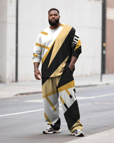 Big & Tall Men's Casual Yellow And Black Geometric Stripe Printed Long Sleeve T-Shirt Pants Set