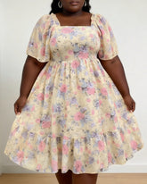 Women's XL-5XL Plus Size Puff Sleeve Square Neck Large Swing Dress