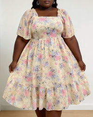 Women's XL-5XL Plus Size Puff Sleeve Square Neck Large Swing Dress