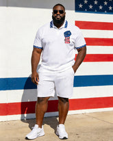 Big & Tall Men's USA Flag Fist Print POLO Short Sleeve Shorts Set